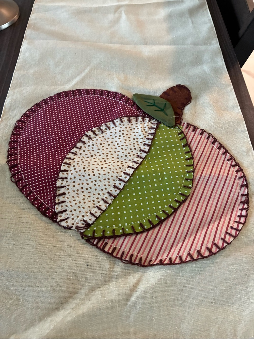 Handmade Pumpkin Applique Table Runner Accent in Green and Pink